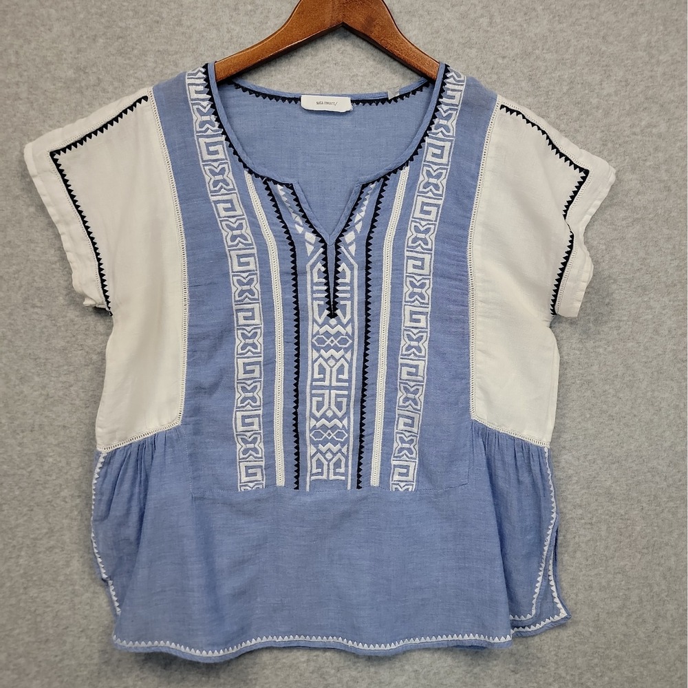 SITA MURTA Anthropologie Sz M Embroidered Linen Cotton Blend Short Sleeve Top